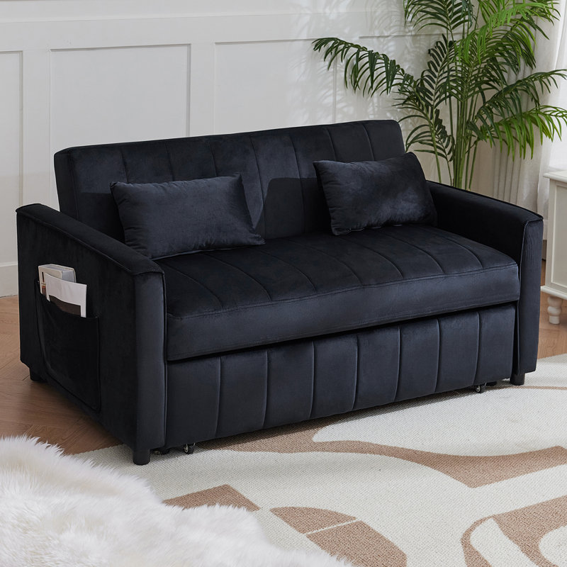 Radislava Convertible Sleeper Sofa Bed, 55.51" Modern 3-in-1 Futon Couch, Black Velvet