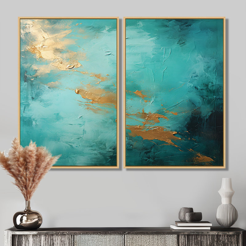 «Turquoise Tranquility - Abstract Landscape Wall Art», ensemble de 2 impressions sur toile bleu sarcelle, 40" H x 40" W