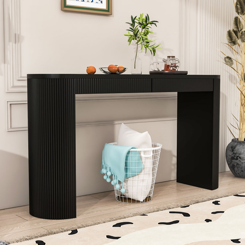 Elegant Entryway Table with Arched Legs, Striped Detailing and Hidden Storage Drawers, Black