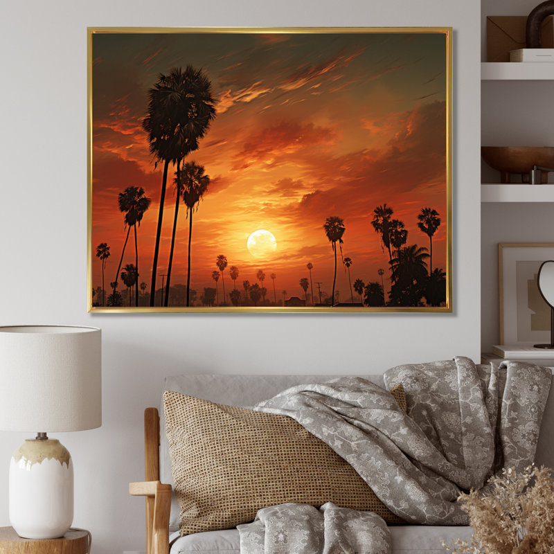 Coucher de soleil avec palmiers sur toile, H 16 po x l 32 po x P 1 po, Cadre flottant doré
