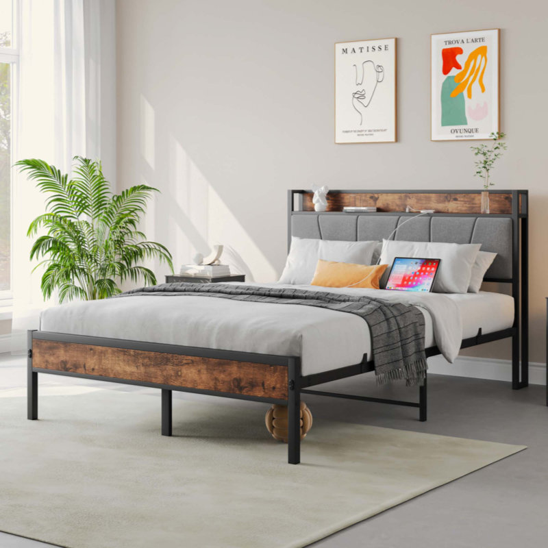 Bed Frame, Storage Headboard with Charging Station, Solid and Stable, No Box Spring Needed, Easy Assembly