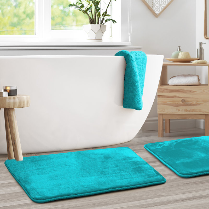 Steph Luxury Ultra Soft and Absorbent Memory Foam Bath Rug Set with Non-Slip Backing, Small: 17"W x 24"L, Teal/Blue