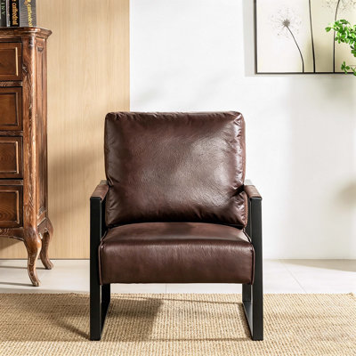 Chaise d'appoint classique de style Mid-Century moderne avec structure carrée en métal durable, fauteuil pour le salon, la chambre à coucher et le bureau personnel revêtu de microfibre tachetée, brun foncé