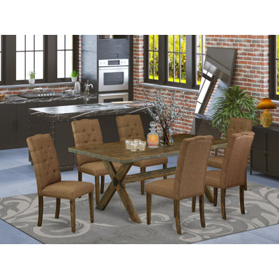 Ensemble de mobilier de salle à manger 7 pièces composé d'une table de salle à manger rectangulaire avec pieds en X et 6 chaises parsons en tissu brun, jacobine vieilli