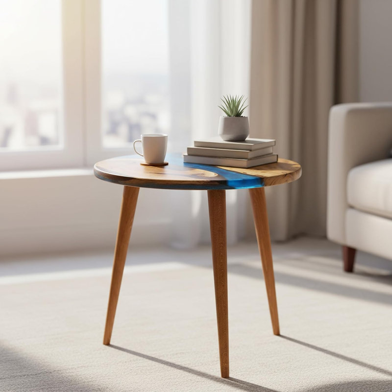 Jossa Round Walnut Resin Side Table – Epoxy River End Table for Living Room & Bedroom, Blue/Brown