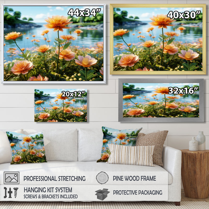 «Vibrant Orange Flower By Summer River», reproduction d'art murale, H 12 po x l 20 po x P 1 po, Toile avec cadre flottant or
