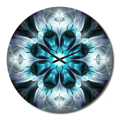 Horloge murale turquoise et blanche Fractal Flowers II