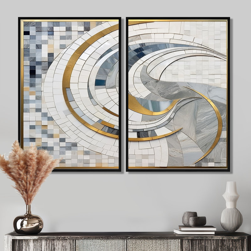 Mosaïque grise et jaune II - Formes abstraites, impressions sur toile, 2 panneaux, 36" H x 48" W, Black