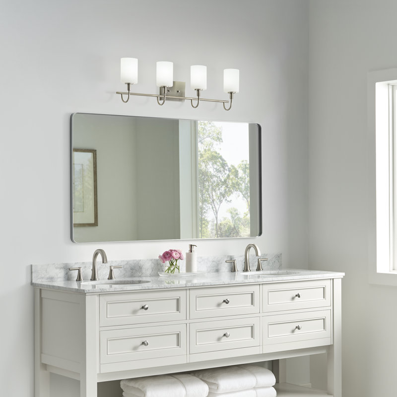 Rowley 33.88" W Steel 4-Light Dimmable Vanity Light with Drum Shades , Brushed Nickel