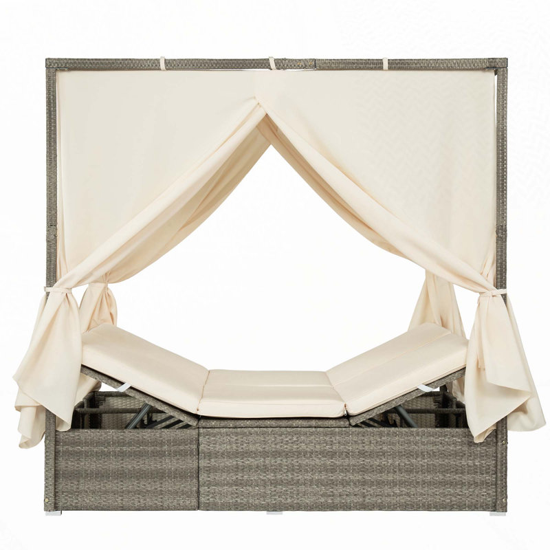 Outdoor Sun Bed With Curtain And Adjustable Backrest, Beige