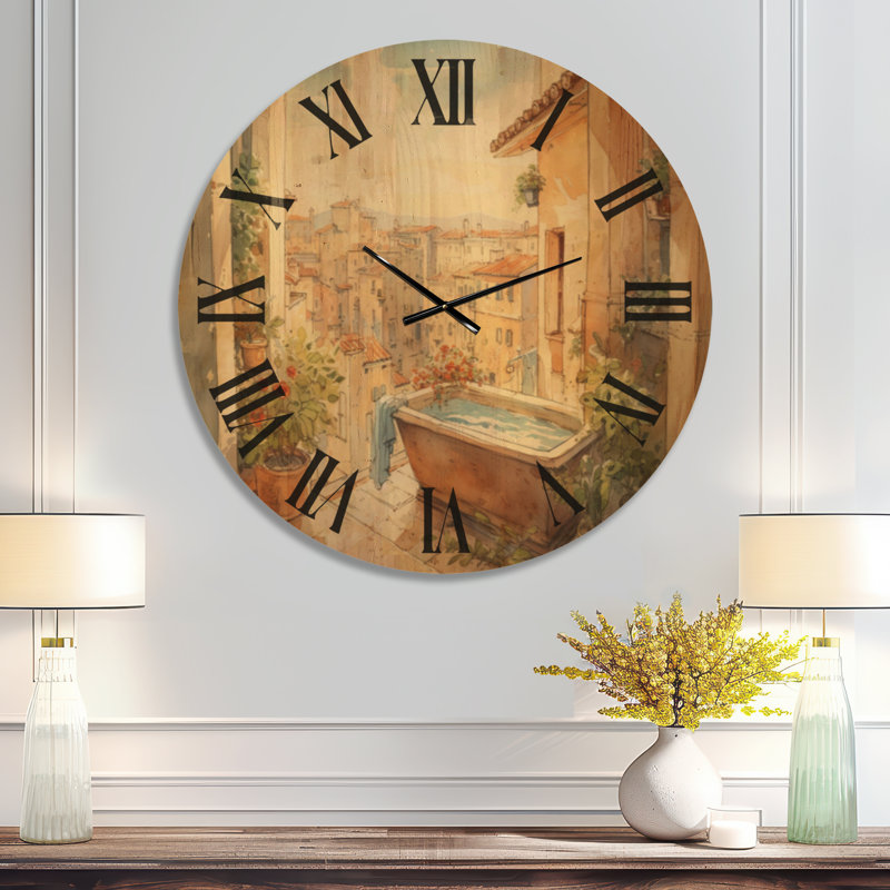 Horloge murale surdimensionnée en bois botanique avec vue sur la ville méditerranéenne, Oversized