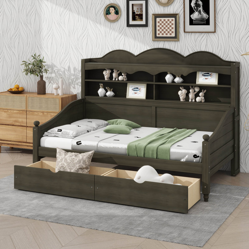 Lit de jour simple en bois avec tiroirs de rangement intégrés, tête de lit et étagère de rangement, Gris antique