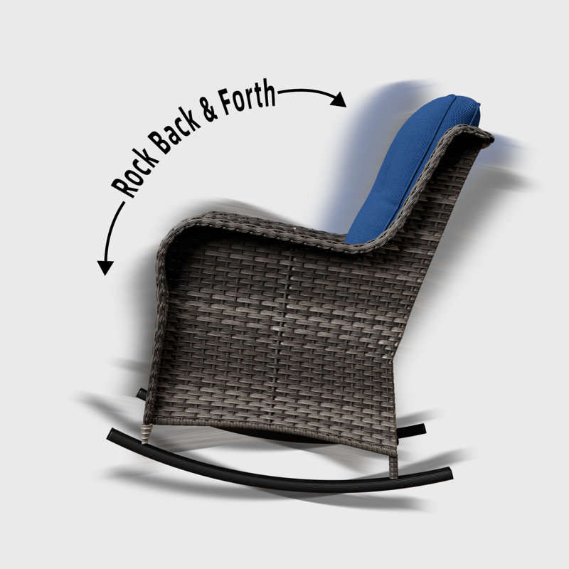 Chaise berçante d'extérieur en osier / rotin avec coussins Spencerian, Bleu