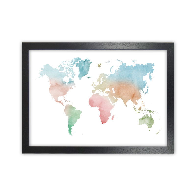 Watercolour World Map - Pastels - Print, 46cm H x 63cm W x 3cm D, Black Framed