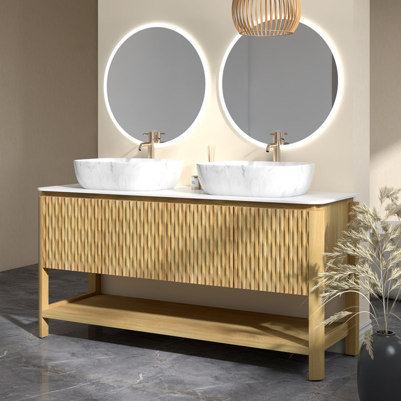 Freestanding Plywood Bathroom Vanity With Sintered Stone Top, Bamboo Texture Doors&Open Shelf, 60" W