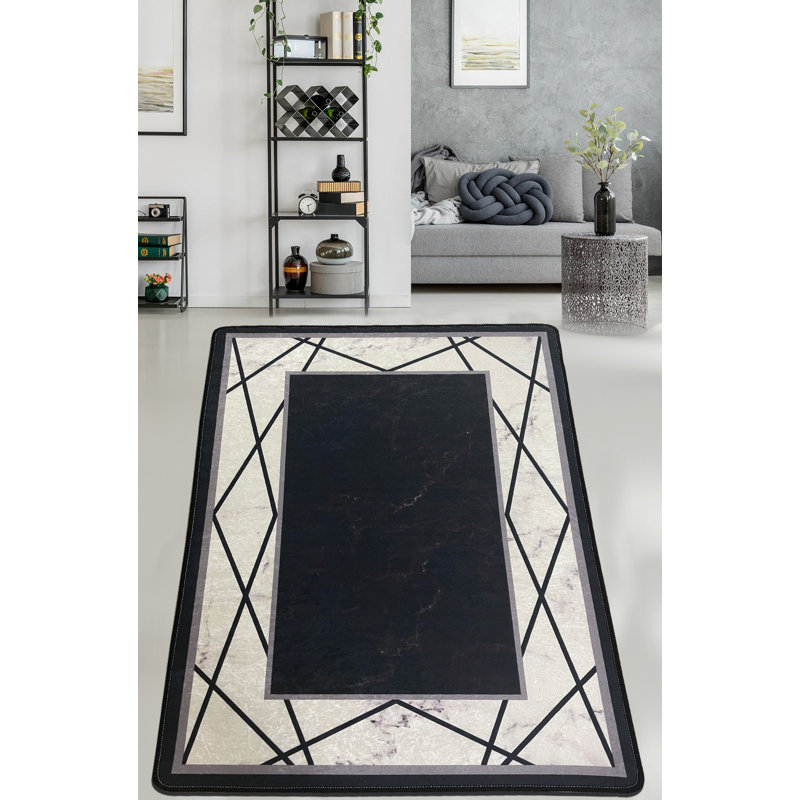 Tapis blanc / noir en polyester tissé à la machine Carpet, Rectangle 3 pi 11 po x 5 pi 11 po