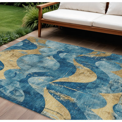 Tapis extérieur bleu sarcelle et doré 9 'X 12'