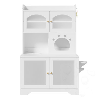 Enceinte de litière pour chat à 3 niveaux avec armoire de rangement et portes en verre cannelé et plateformes d'escalade