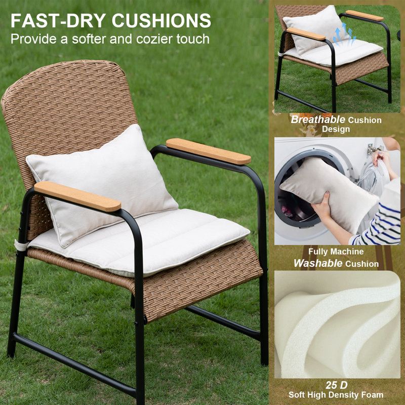 3-Piece Patio Bistro Set, Beige PE Rattan Outdoor Chairs with Metal Round Side Table, Slim Breathable Cushions, for Balcony, Patio & Garden