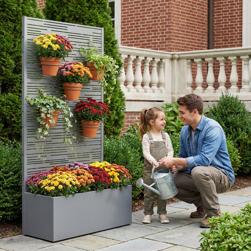 Metal Planter Box with Trellis without Wheels, Grey