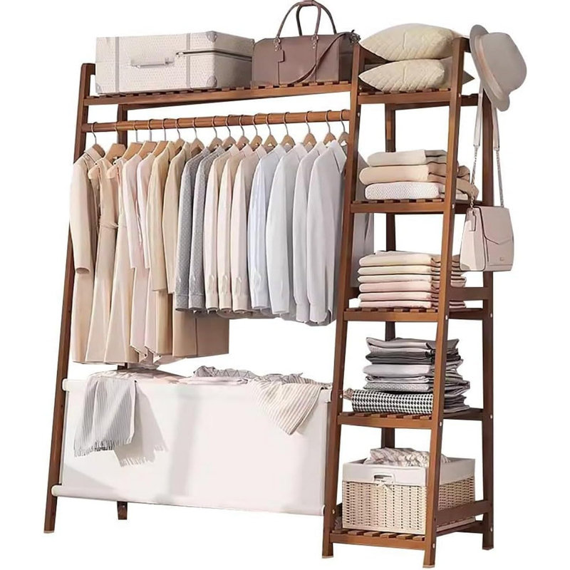 Étagère à vêtements en bambou avec rangement pour sacs - Organisateur de vêtements multifonctionnel, Nature