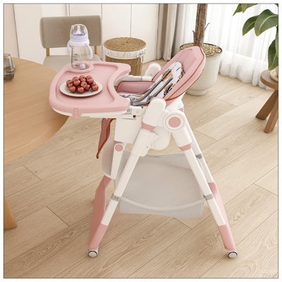 Adjustable Baby High Chair 0-6 Years – Portable Infant Feeding Seat with Safety Belt, Silent Lockable Wheels & Easy-Clean Design for Home, Dining, Living Room, Bedroom (Pink)