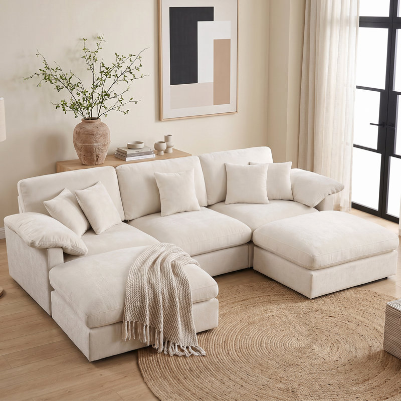 Canapé d'angle en forme de U 5 pièces de 112 pouces avec 2 poufs, Chenille beige