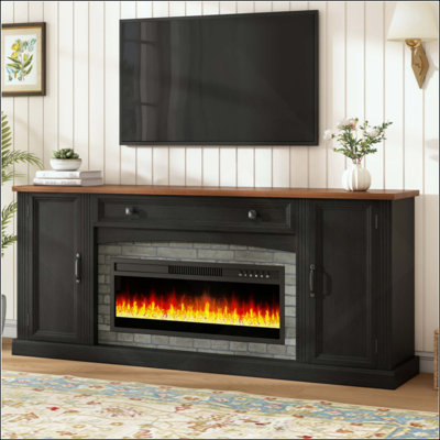 Meuble télé avec foyer électrique pour téléviseur de 70 po ou moins Farmhouse, console de chauffage multi-flammes avec gestion des câbles, tablettes réglables et rangement