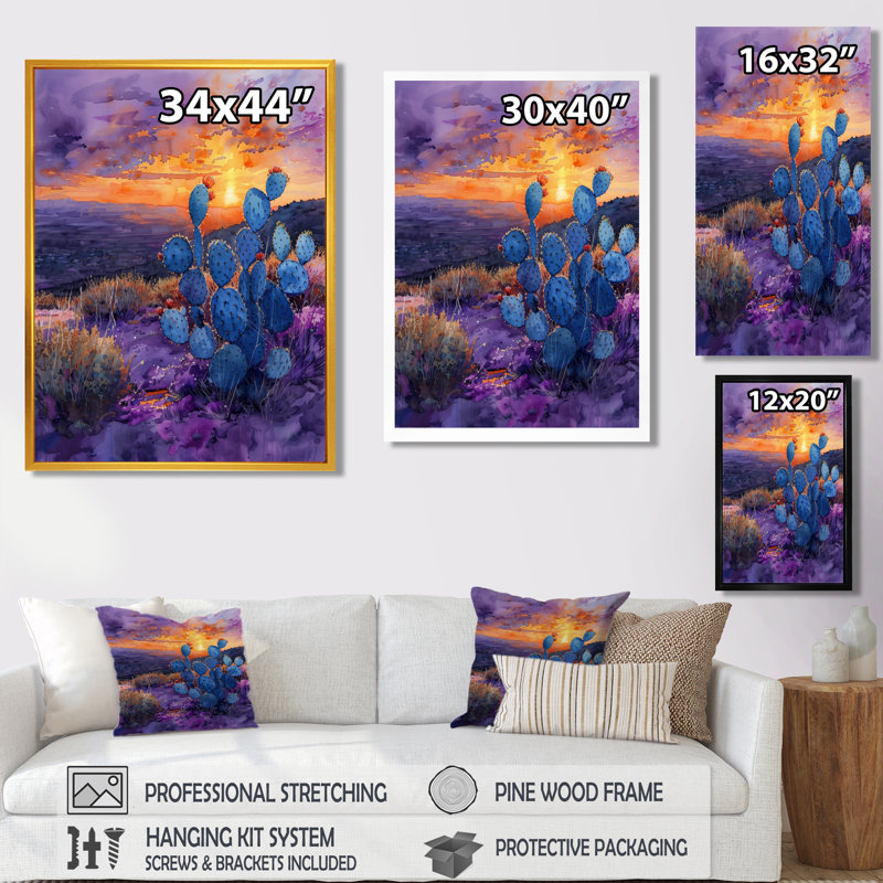 Cactus vert, désert, coucher de soleil I - art mural floral cactus, Toile encadrée noire simple, H 20 po x l 12 po x P 1 po