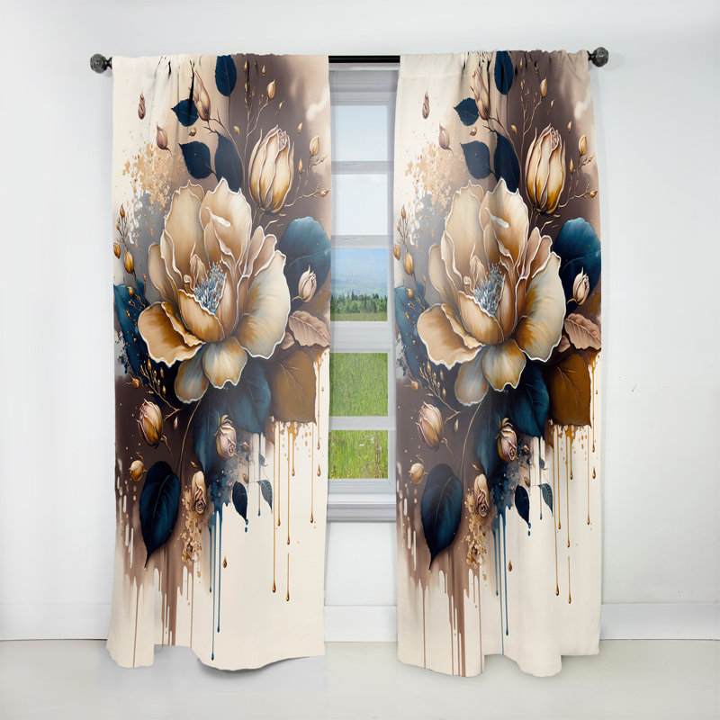 Rideau en velours floral brun et rose - 1 panneau, L 52 po x L 90 po