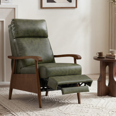 Fauteuil inclinable Mid-Century de 27,2 po de largeur en cuir véritable avec fonction en bois massif et accoudoirs pour le salon, la salle de divertissement et le bureau