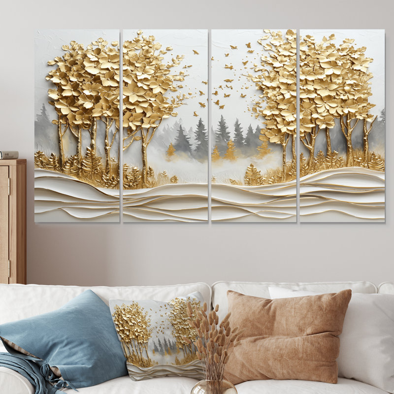«Blue Gold Pine Tree Misty Mountain Mornings IV», ensemble d'art mural pin, H 28 po x l 48 po