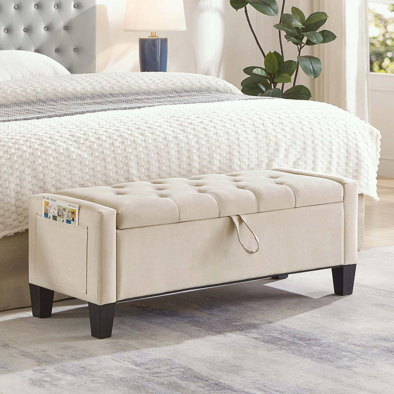 Banc de rangement capitonné en lin avec tablette en bois massif, Beige