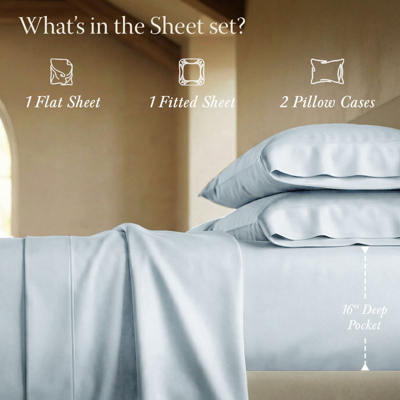 Threadmill 800 Thread Count 100% Cotton Sateen Sheet Set, Light Blue Solid, California King Sheet Set with 2 Pillowcases