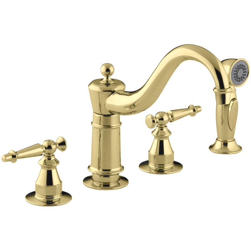 Antique Three-Hole Kitchen Sink Faucet with 8-5/8" Spout, Sidespray , Vibrant Polished Brass, Lever