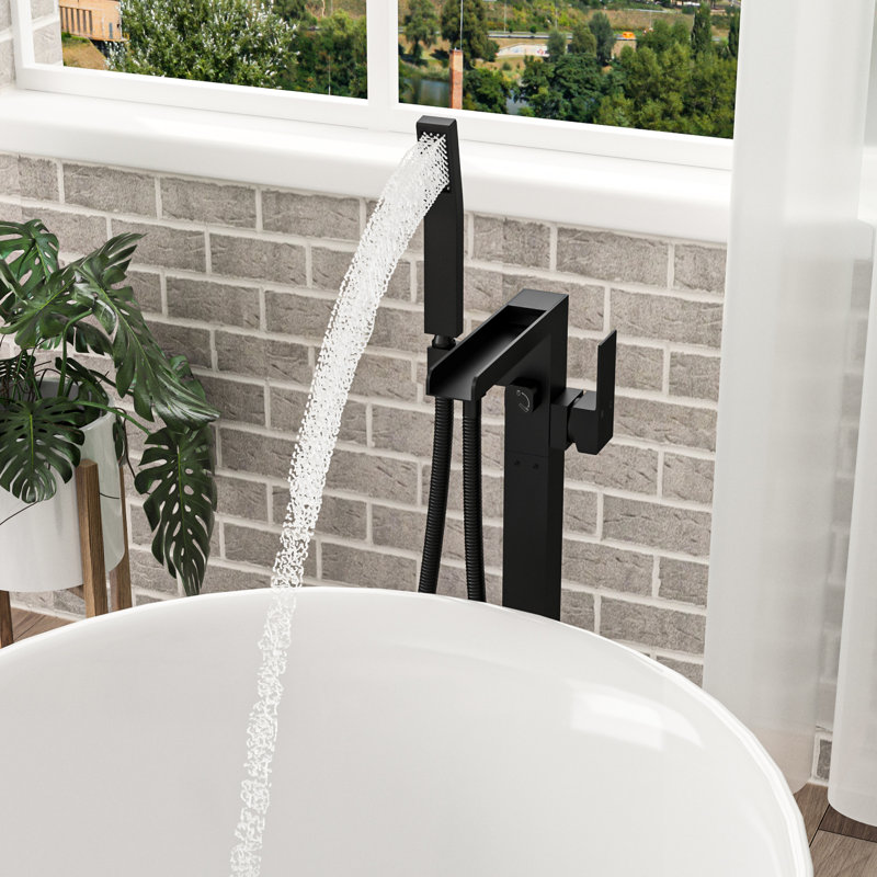 Freestanding Bathtub Faucet With Waterfall Tub Filler And Hand Shower, 360 Rotatable Spout, Dual Temperature Regulation, Brass Base Matte Black Faucet, 59" - Kink Hose, Control For Relaxing Water