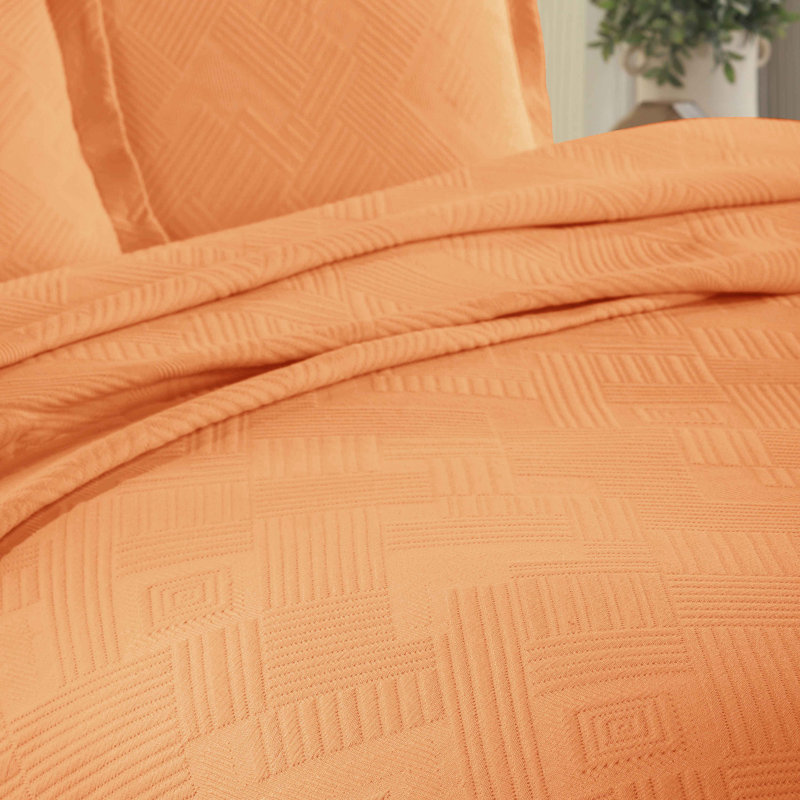 Scotia 100% Cotton All-Season Geometric Fret Jacquard Matelasse Bedspread/Coverlet Set, Full Bedspread + 2 Shams, Salmon