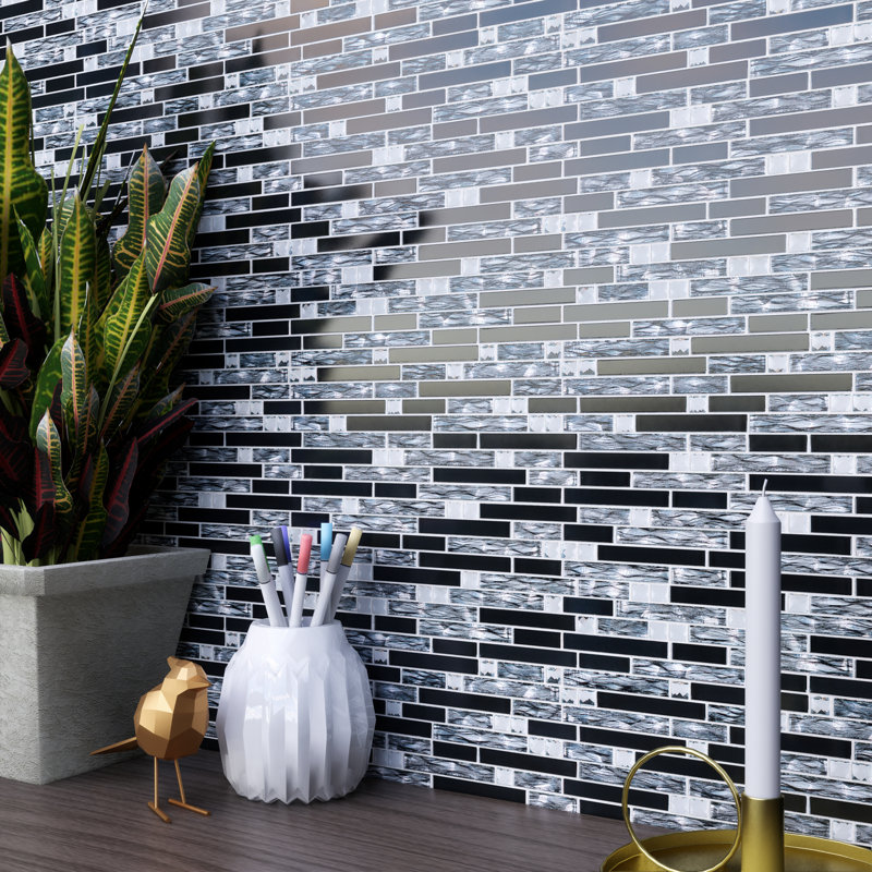 Diamond 11.82 in. x 11.82 in. Interlocking Glossy Glass Mosaic Tile, Black/Gray