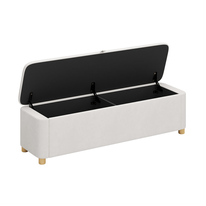 Lit plateforme capitonné en velours avec banc et pouf de rangement, Grand lit, Crème