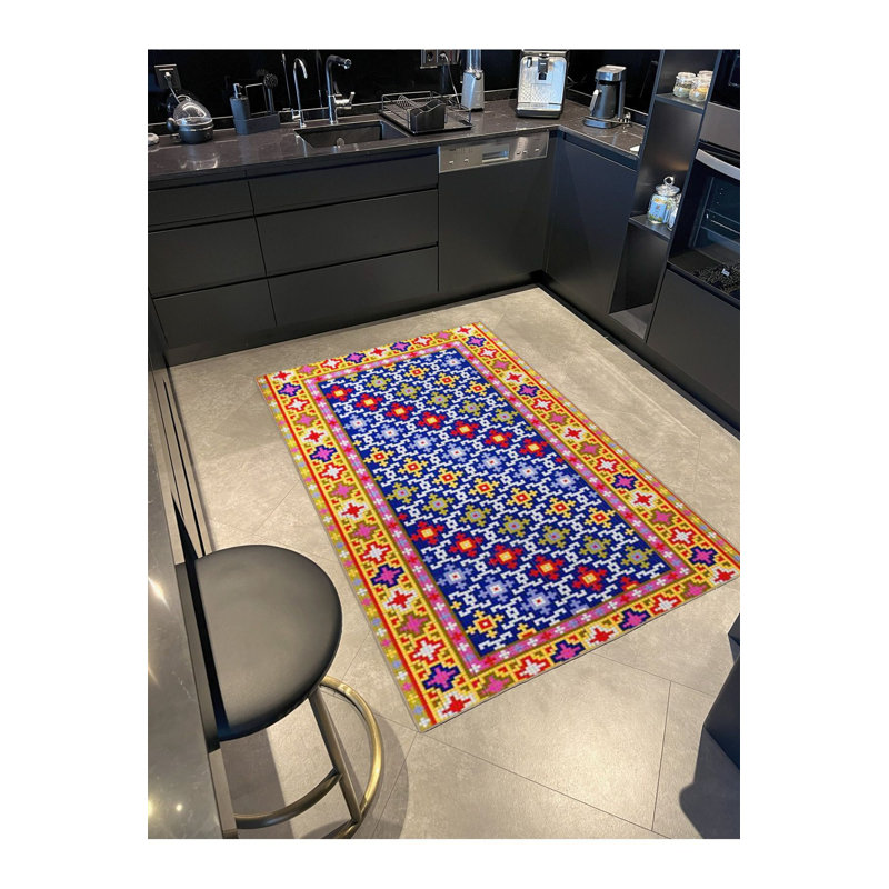 Tapis jaune lavable à motif d'étoile tissé, Sous-tapis carré 3 pi 3 po inclus