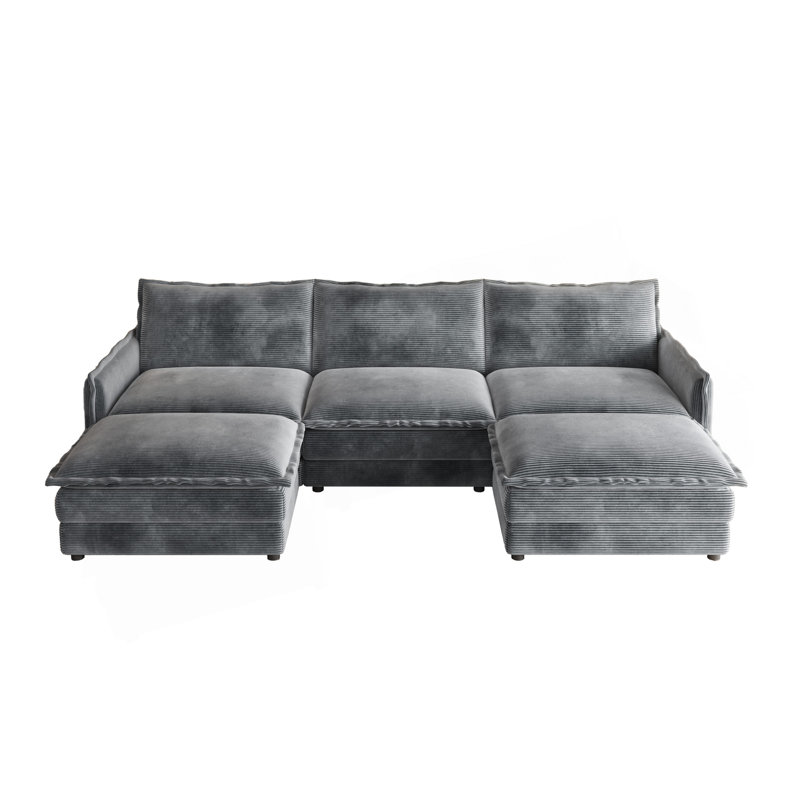 Canapé en tissu velours 3 places en velours côtelé confortable avec repose-pieds mobile pour le salon, ensemble de canapé en U surdimensionné à assise profonde, canapé rembourré à assise profonde de grande taille avec 3 coussins