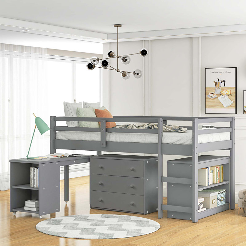 Lit mezzanine simple bas avec cabinet et bureau portatif à roulettes, Grey