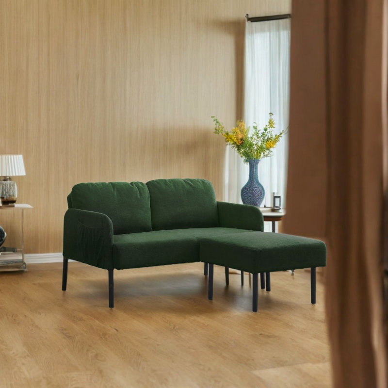 Canapé 2 places en L avec repose-pieds, causeuse moderne en tissu de polyester, petits fauteuils confortables, Vert