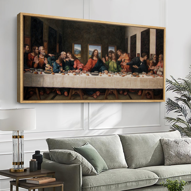 Classic Last Supper Artwork Extra Large Pictures Framed Canvas Print Wall Art, Natural Frame, 30" H x 60" W x 1.5" D