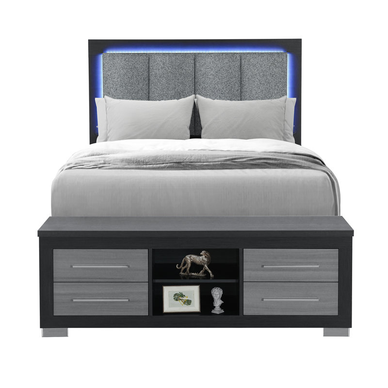 Grand lit de rangement à DEL avec cadre en bois noir et gris, côtés de bibliothèque, tête de lit partiellement rembourrée, sans sommier avec rangement gris