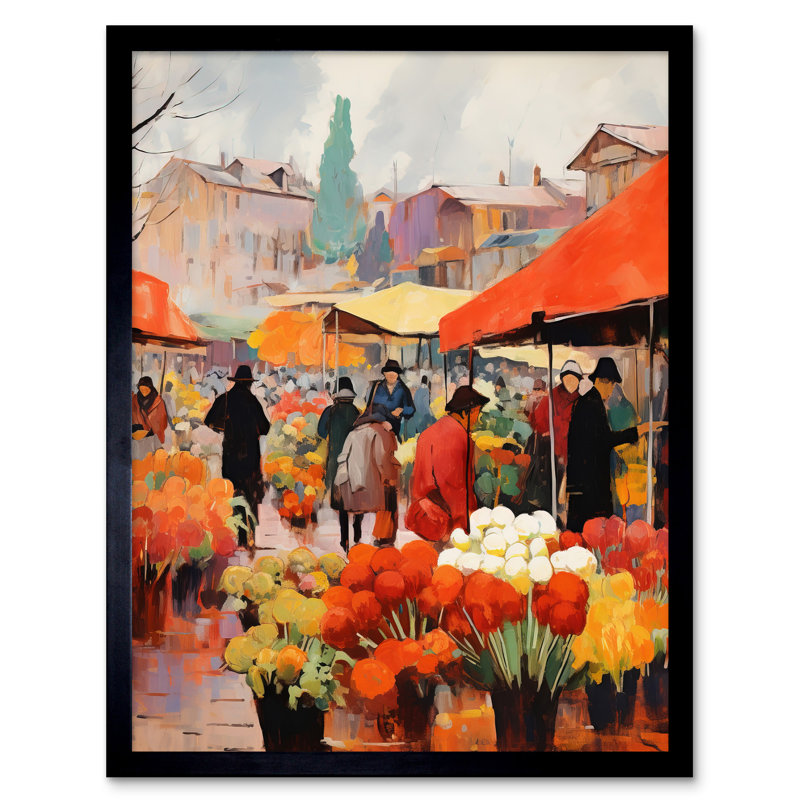 Busy Flower Market Warm Amber Orange Yellow - Single Picture Frame Print