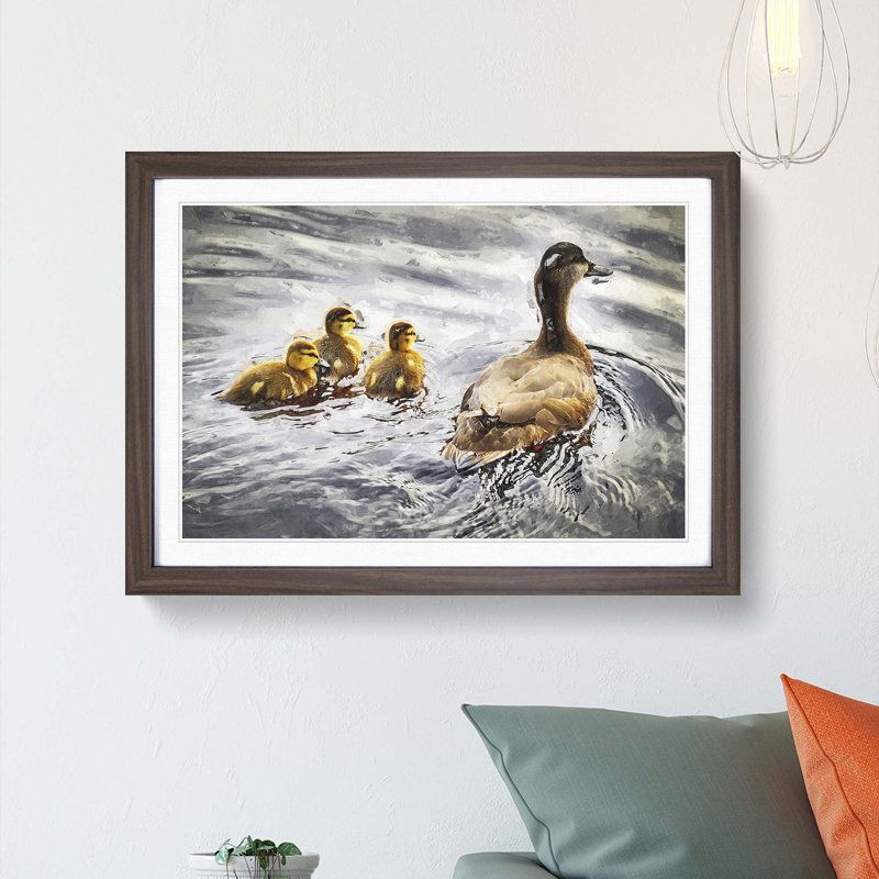 Ducklings with Mother Duck - Picture Frame Graphic Art Print, 27cm H x 36cm W x 2cm D, Walnut Framed