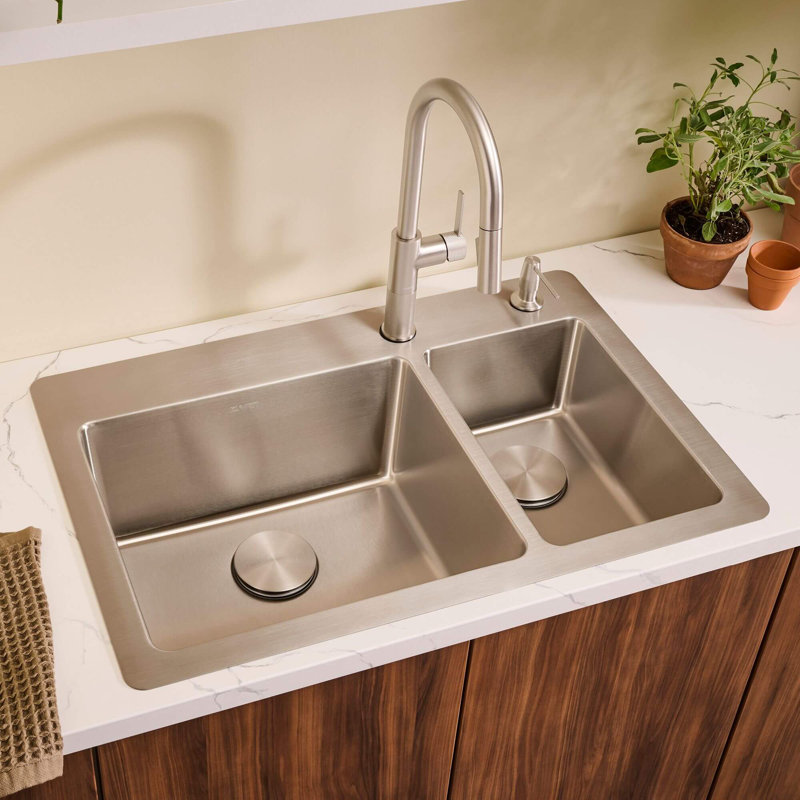 Ruvati 33 x 22 inch Drop-in Topmount Kitchen Sink 16 Gauge Stainless Steel, 70/30 Double Bowl