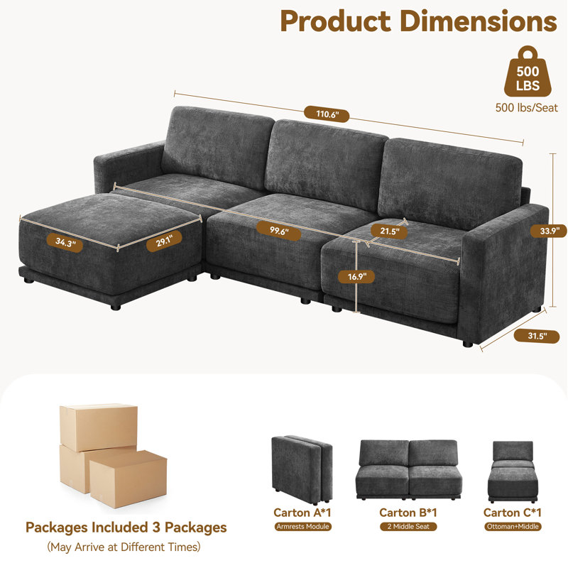 Canapé modulaire 4 pièces avec repose-pieds surdimensionné, Gris chenille