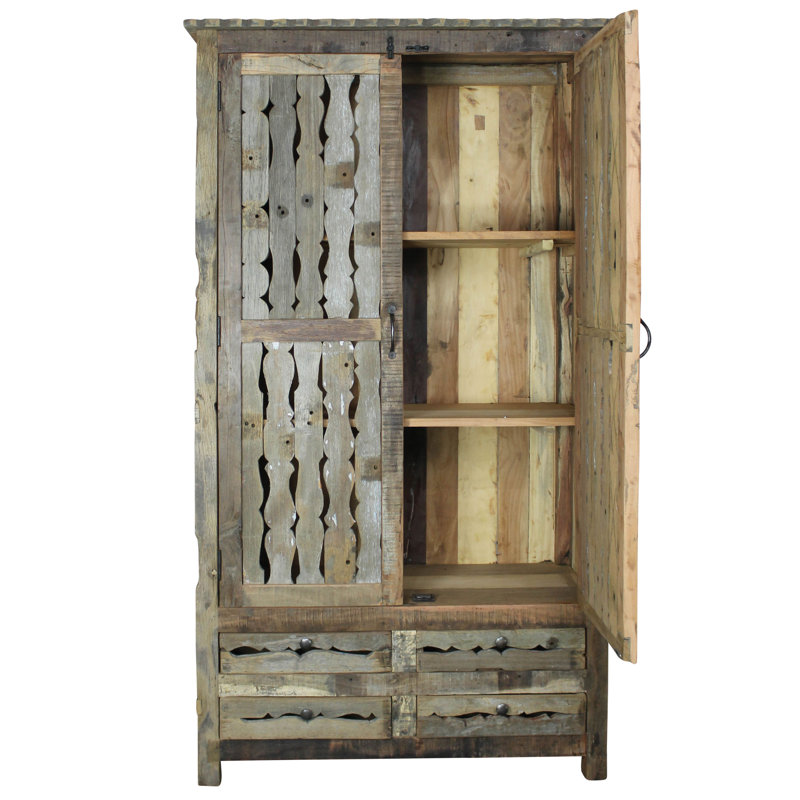 Rustic Salvaged Wood Armoire with Shelves and Drawers
